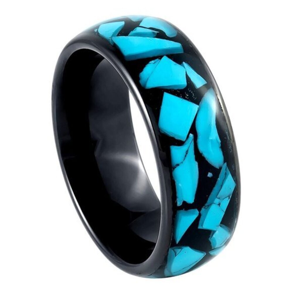 Black IP Plated Tungsten Ring Blue Turquoise Fragments Eternity Wedding Band